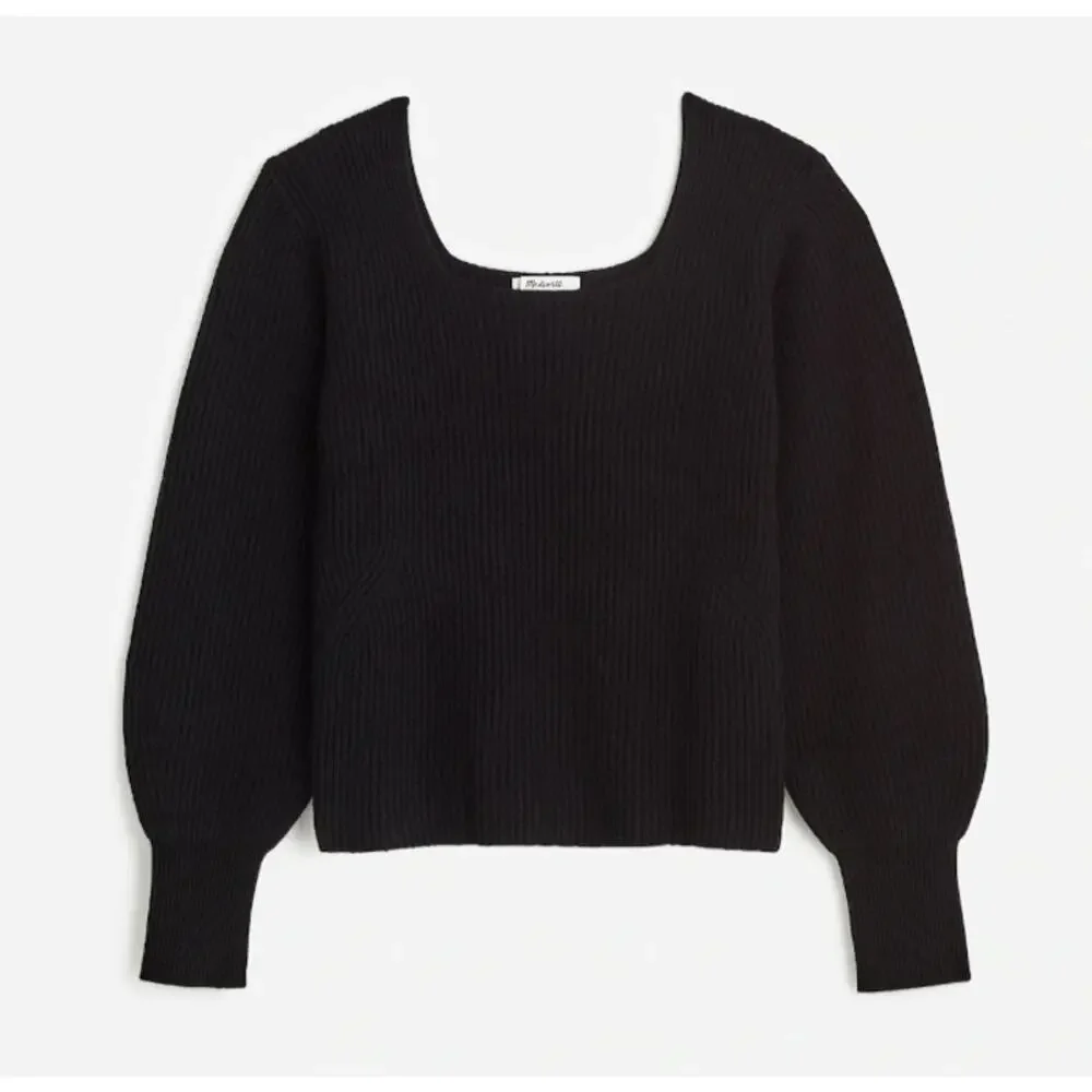 Madewell Soft Wool-Blend Square-Neck Pullover Sweater 2XS Black Blouson Sleeve
